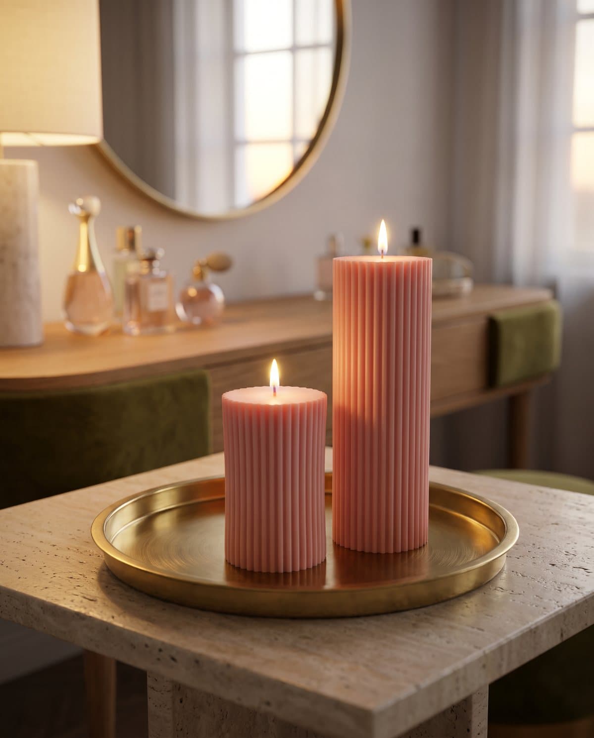 Large and Small Striped Candle Pair, Pink